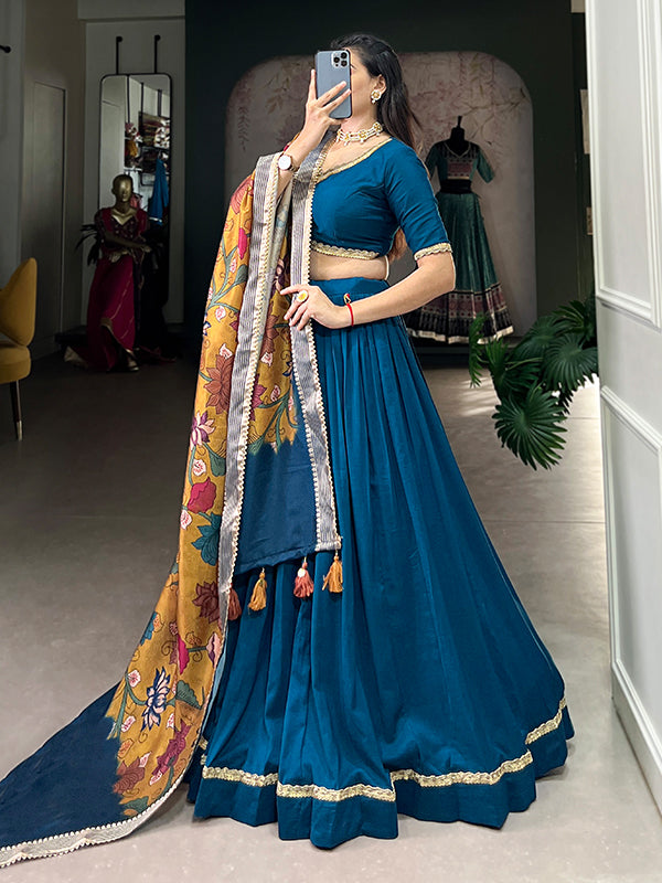 Firozi Chinon Silk Lace Border Lehenga Choli