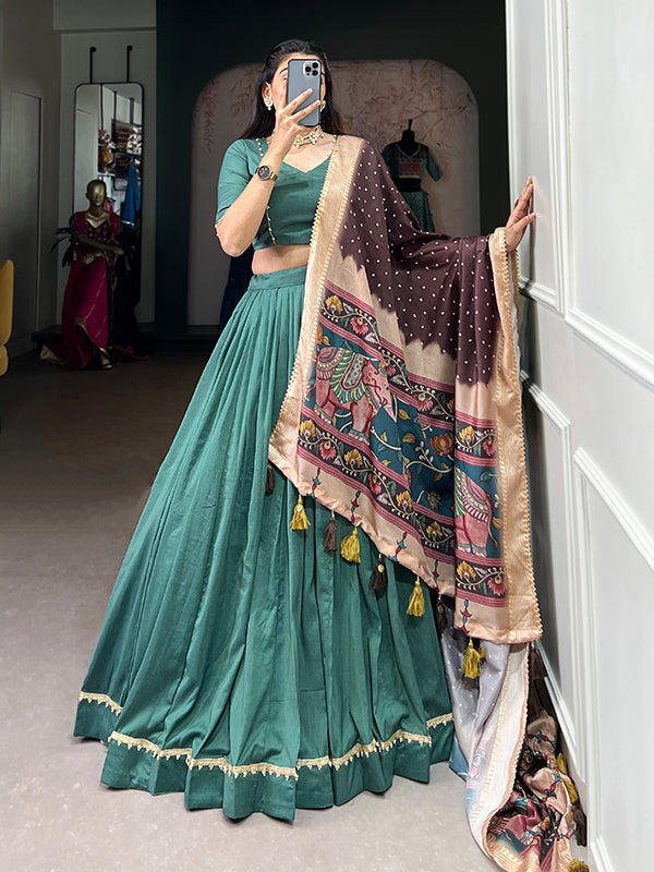 Sea Green Chinon Silk Lace Border Lehenga Choli