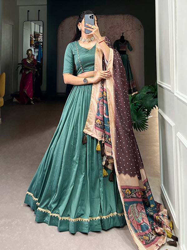 Sea Green Chinon Silk Lace Border Lehenga Choli