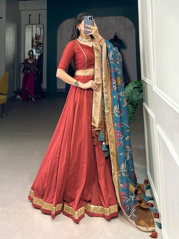 Maroon Red Chinon Silk Lace Border Lehenga Choli