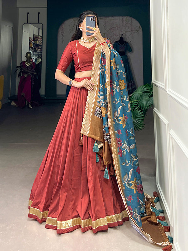 Maroon Red Chinon Silk Lace Border Lehenga Choli