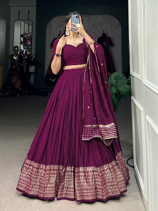 Wine Faux Chanderi Lehenga Choli With Dupatta