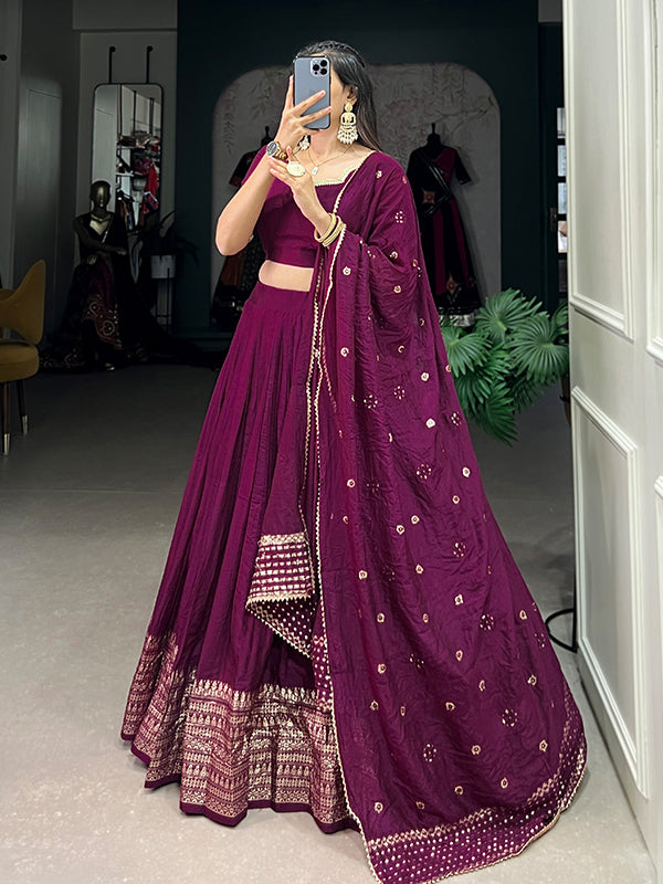 Wine Faux Chanderi Lehenga Choli With Dupatta