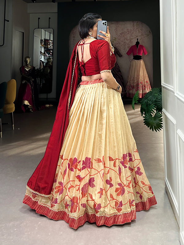 Maroon & Off-White Silk Lehenga Choli With Dupatta