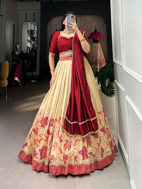 Maroon & Off-White Silk Lehenga Choli With Dupatta