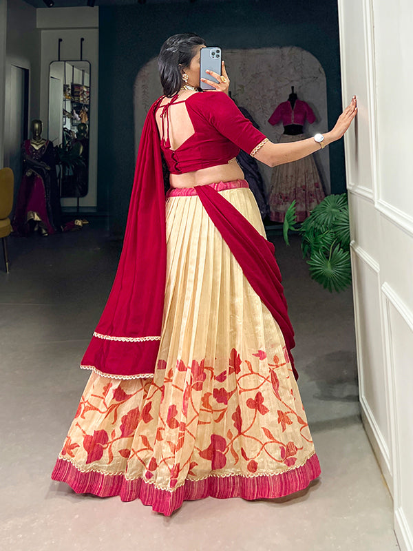 Pink & Off-White Silk Lehenga Choli With Dupatta