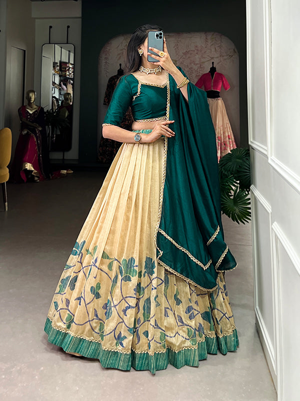 Teal Green & Off-White Silk Lehenga Choli With Dupatta