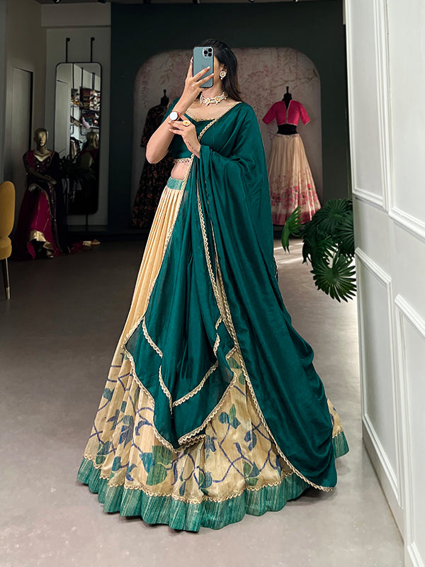 Teal Green & Off-White Silk Lehenga Choli With Dupatta