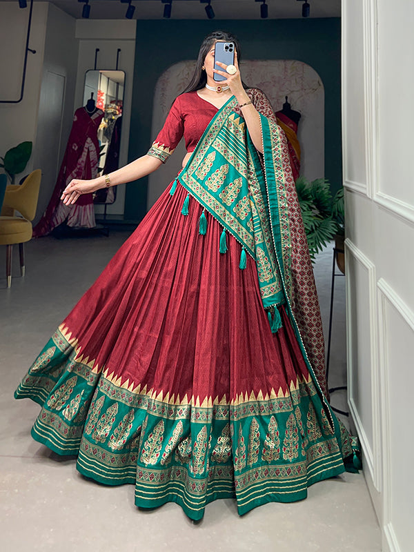 Red Maroon Tussar Silk With Foil Print Lehenga Choli