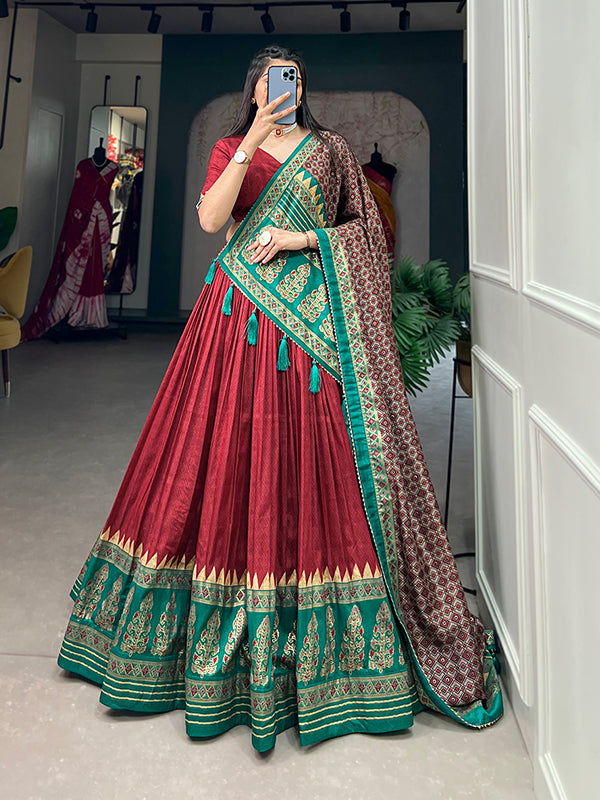 Red Maroon Tussar Silk With Foil Print Lehenga Choli