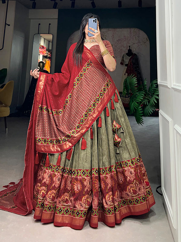 Mahendi Maroon Tussar Silk With Foil Print Lehenga Choli With Dupatta