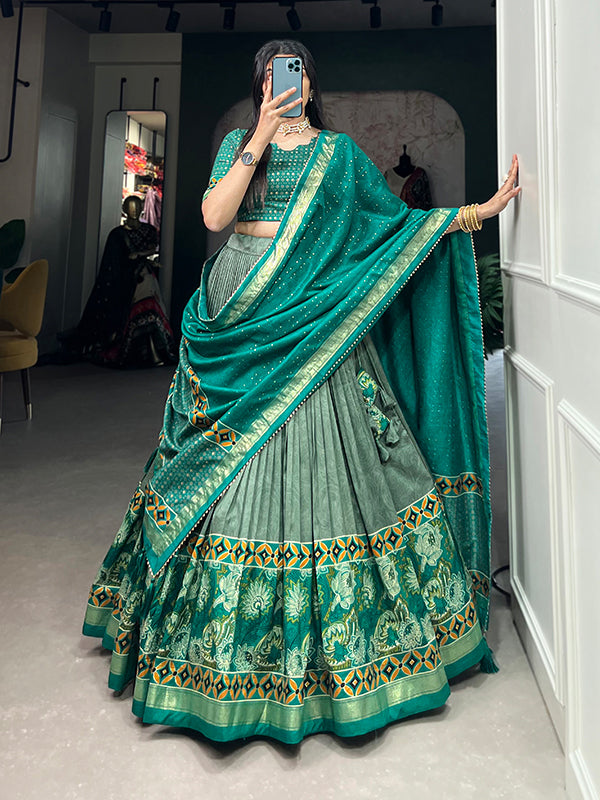 Sea Green Tussar Silk With Foil Print Lehenga Choli With Dupatta