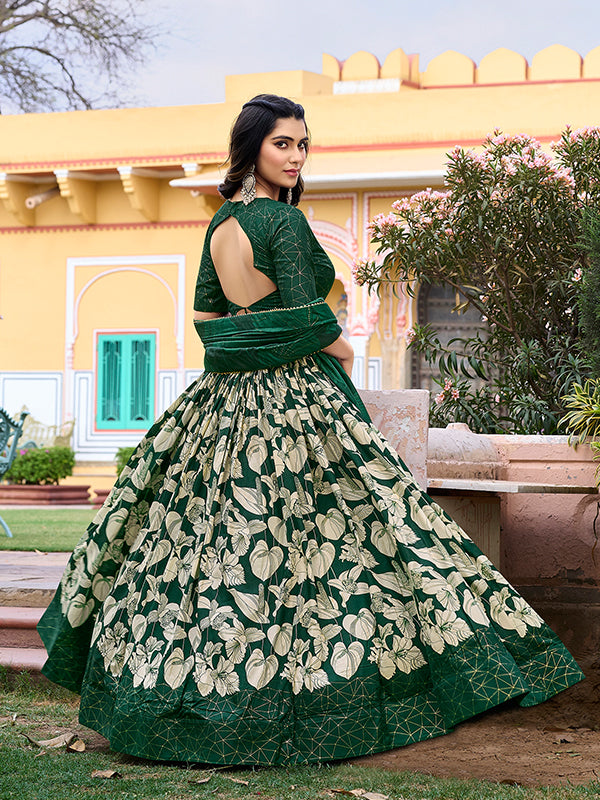 Green Tussar Silk With Foil Print Lehenga Choli With Dupatta