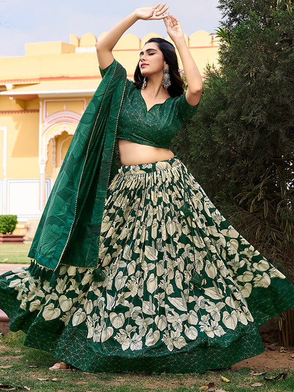 Green Tussar Silk With Foil Print Lehenga Choli With Dupatta