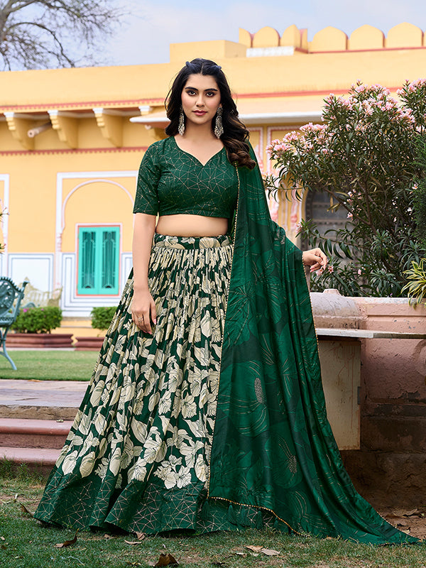 Green Tussar Silk With Foil Print Lehenga Choli With Dupatta