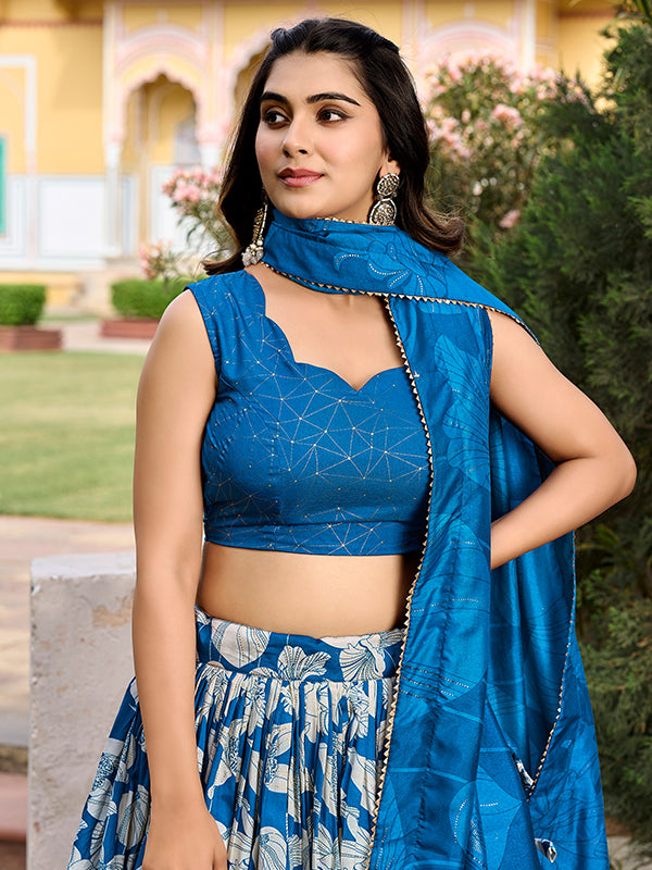 Royal Blue Tussar Silk With Foil Print Lehenga Choli With Dupatta