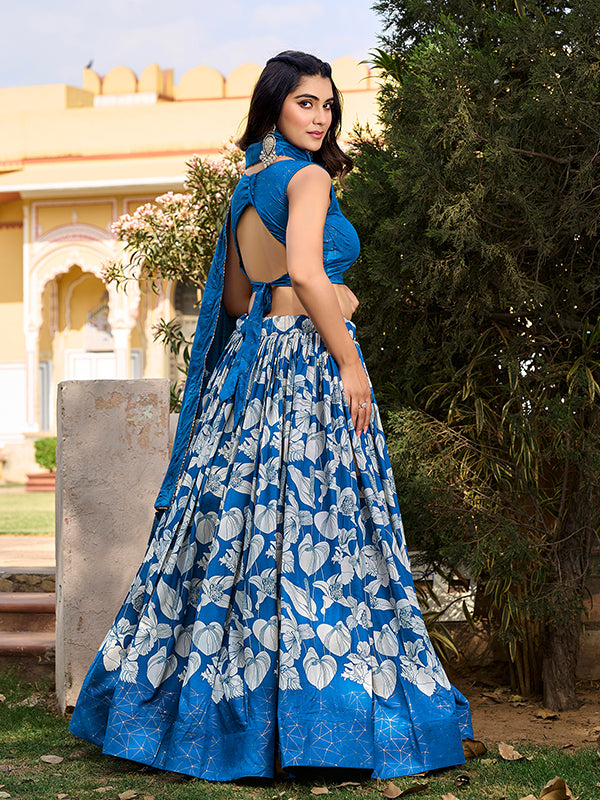 Royal Blue Tussar Silk With Foil Print Lehenga Choli With Dupatta