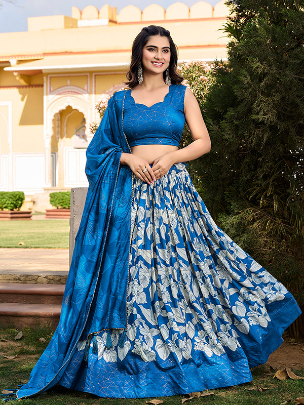 Royal Blue Tussar Silk With Foil Print Lehenga Choli With Dupatta