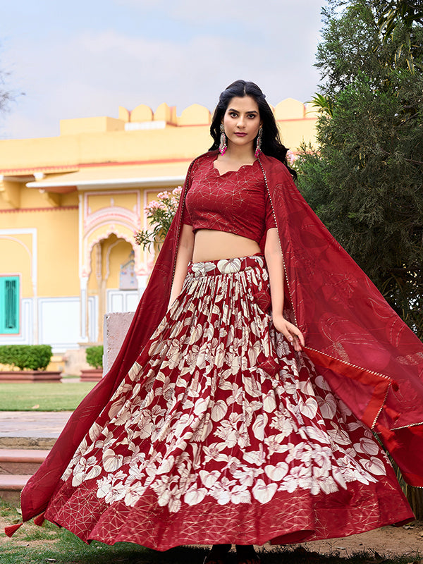 Red Tussar Silk With Foil Print Lehenga Choli With Dupatta