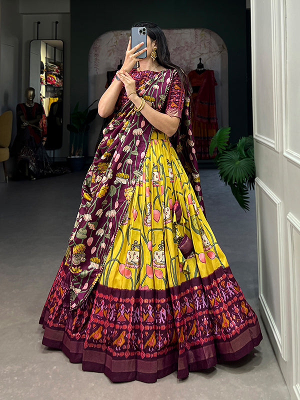 Yellow Tussar Silk With Patola Print Lehenga Choli With Dupatta