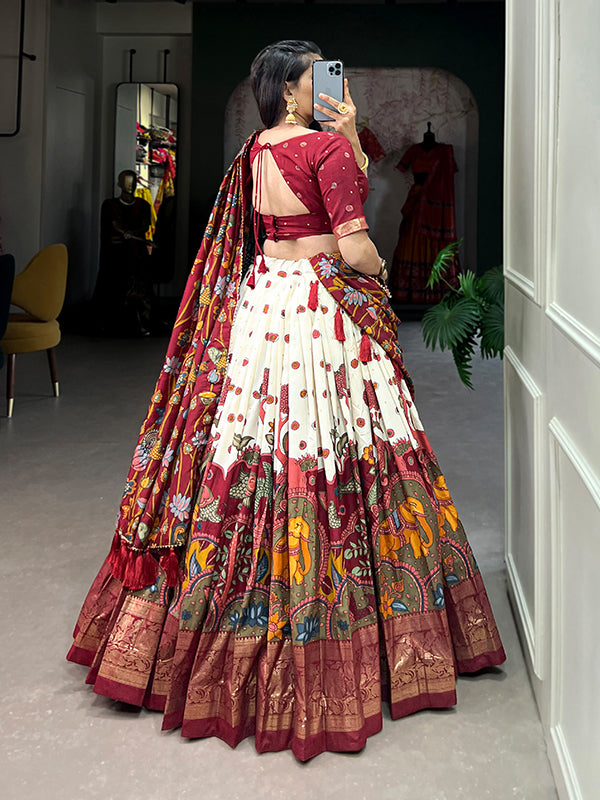 Off White Tussar Silk With Kalamkari Print Lehenga Choli With Dupatta