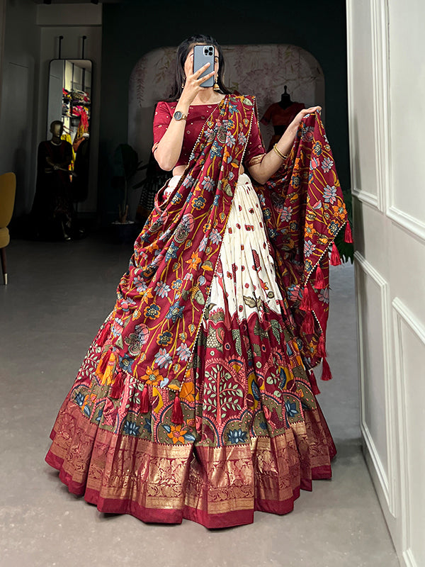 Off White Tussar Silk With Kalamkari Print Lehenga Choli With Dupatta