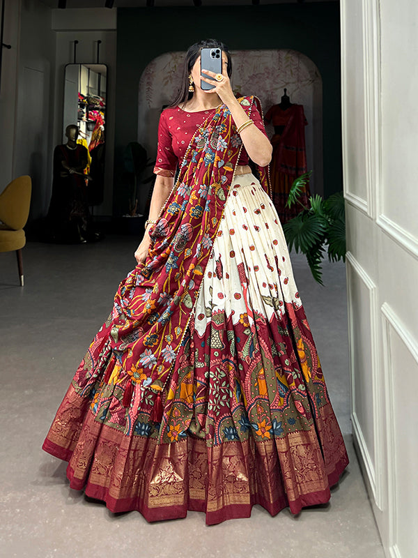 Off White Tussar Silk With Kalamkari Print Lehenga Choli With Dupatta