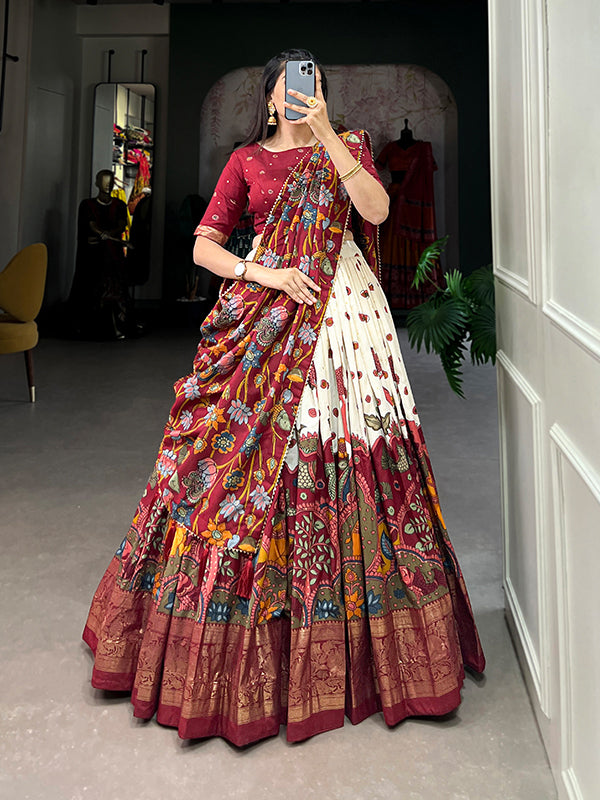 Off White Tussar Silk With Kalamkari Print Lehenga Choli With Dupatta