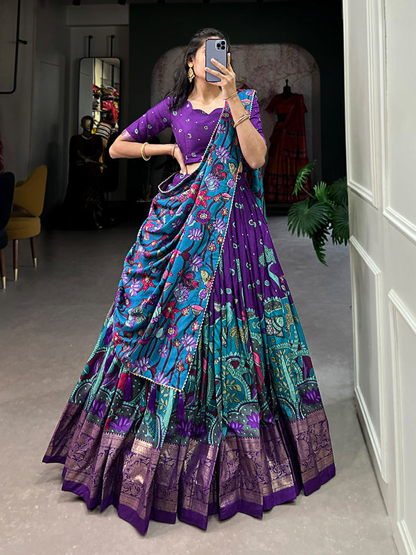 Purple Tussar Silk With Kalamkari Print Lehenga Choli With Dupatta