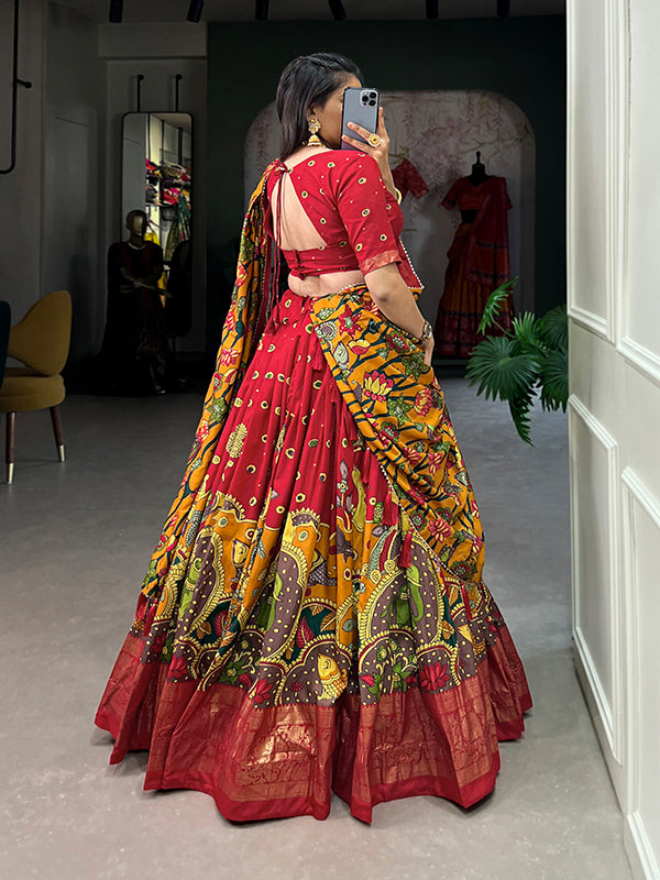 Red Tussar Silk With Kalamkari Print Lehenga Choli With Dupatta