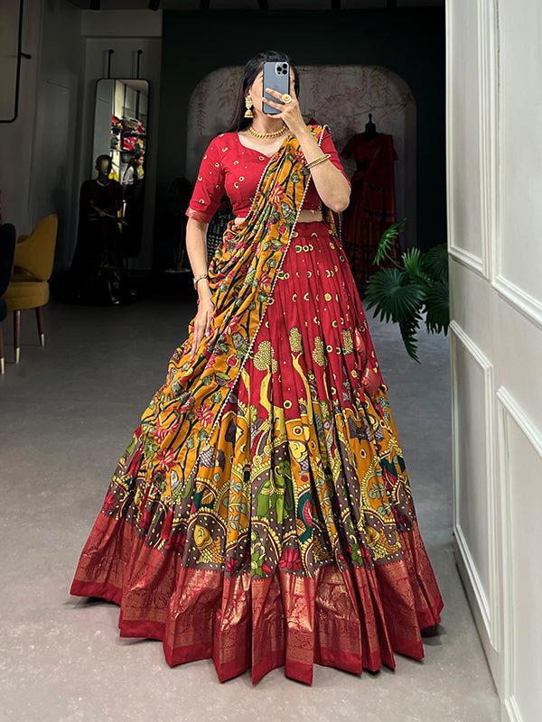 Red Tussar Silk With Kalamkari Print Lehenga Choli With Dupatta