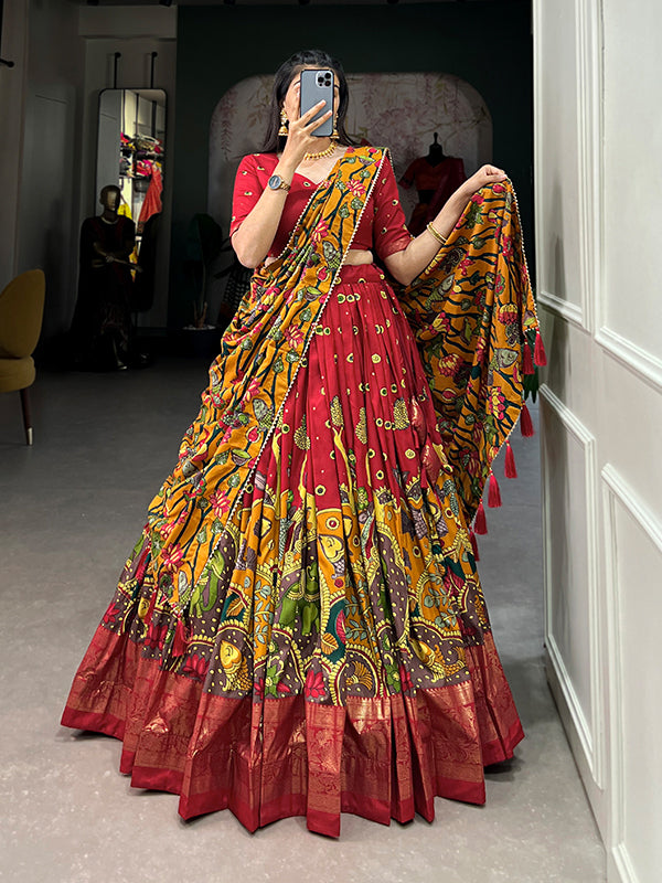 Red Tussar Silk With Kalamkari Print Lehenga Choli With Dupatta