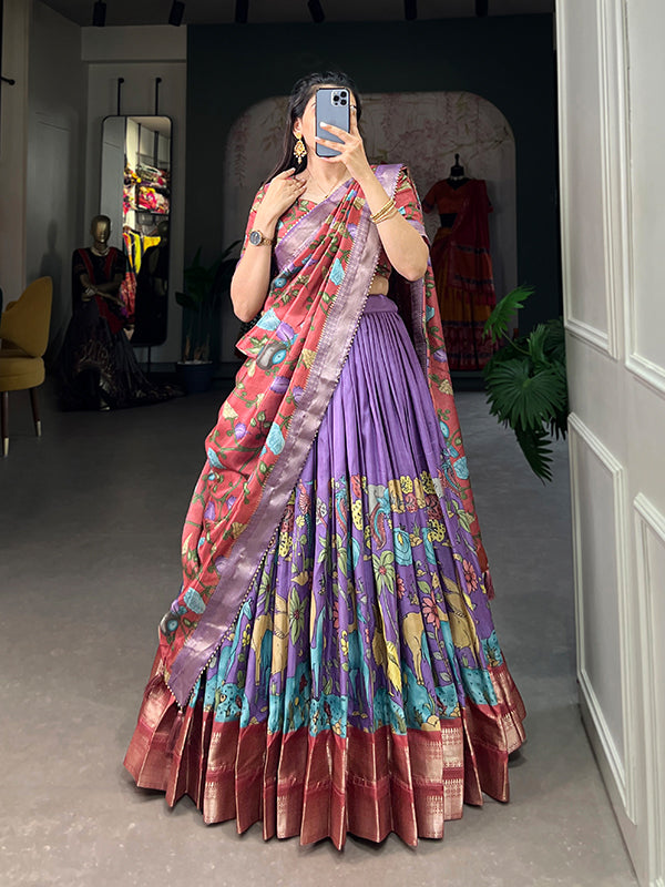 Lavender Dola Silk With Kalamkari Print Lehenga Choli With Dupatta