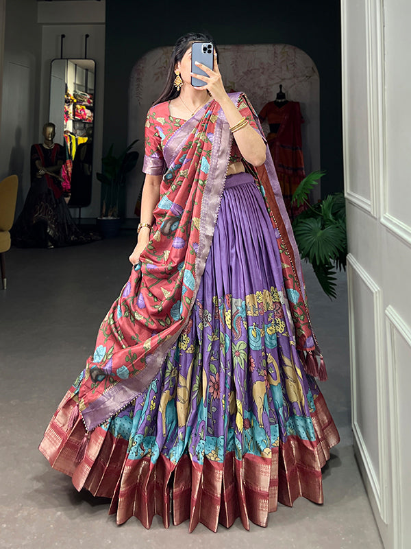 Lavender Dola Silk With Kalamkari Print Lehenga Choli With Dupatta