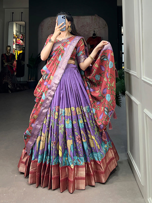 Lavender Dola Silk With Kalamkari Print Lehenga Choli With Dupatta