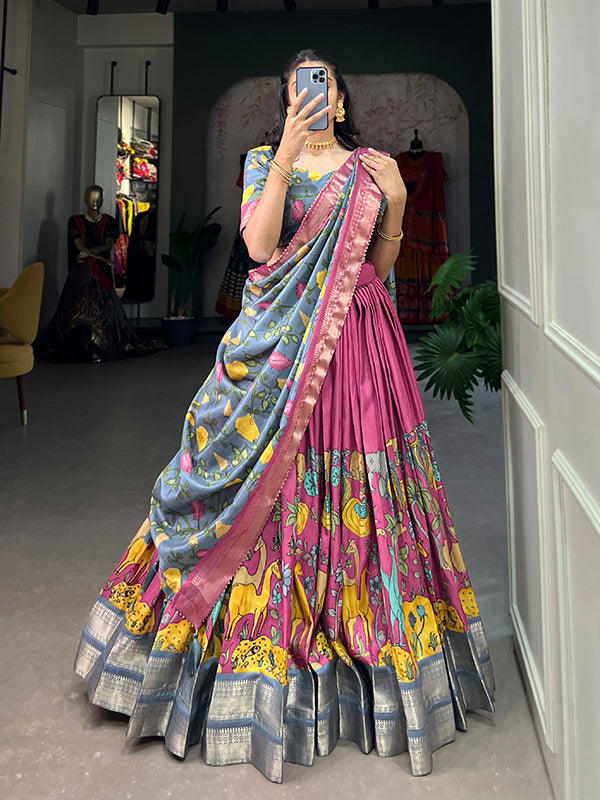 Pink Dola Silk With Kalamkari Print Lehenga Choli With Dupatta