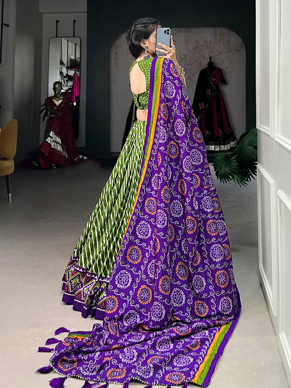 Parrot Tussar Silk With Leheriya Patola Print Lehenga Choli With Dupatta