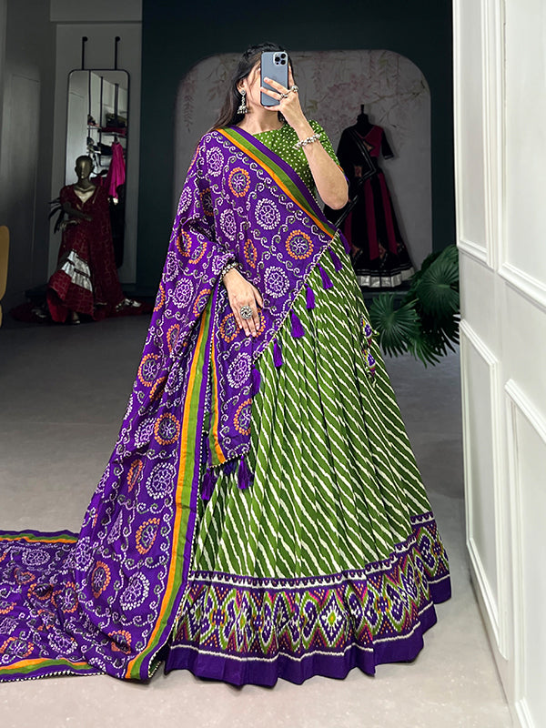 Parrot Tussar Silk With Leheriya Patola Print Lehenga Choli With Dupatta