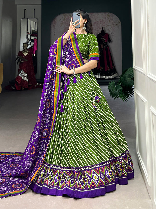 Parrot Tussar Silk With Leheriya Patola Print Lehenga Choli With Dupatta