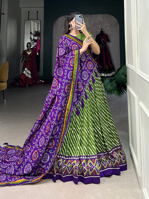 Parrot Tussar Silk With Leheriya Patola Print Lehenga Choli With Dupatta