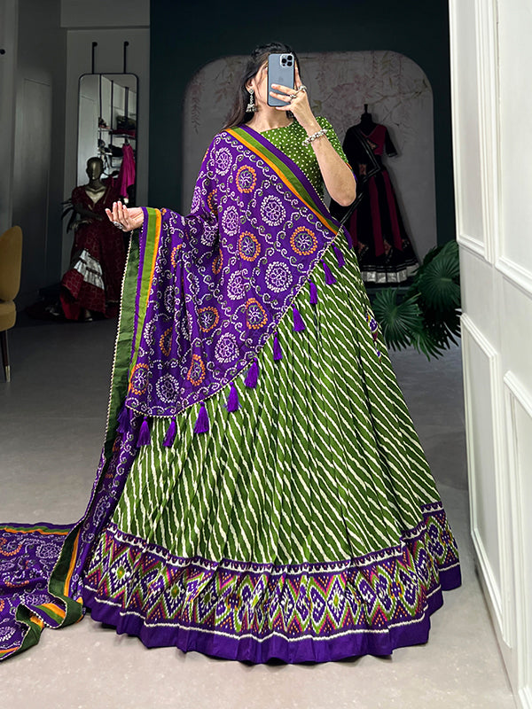 Parrot Tussar Silk With Leheriya Patola Print Lehenga Choli With Dupatta