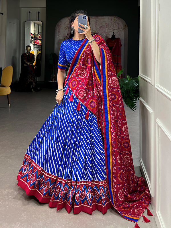 Royal Blue Tussar Silk With Leheriya Patola Print Lehenga Choli With Dupatta