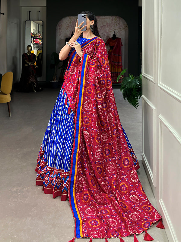 Royal Blue Tussar Silk With Leheriya Patola Print Lehenga Choli With Dupatta