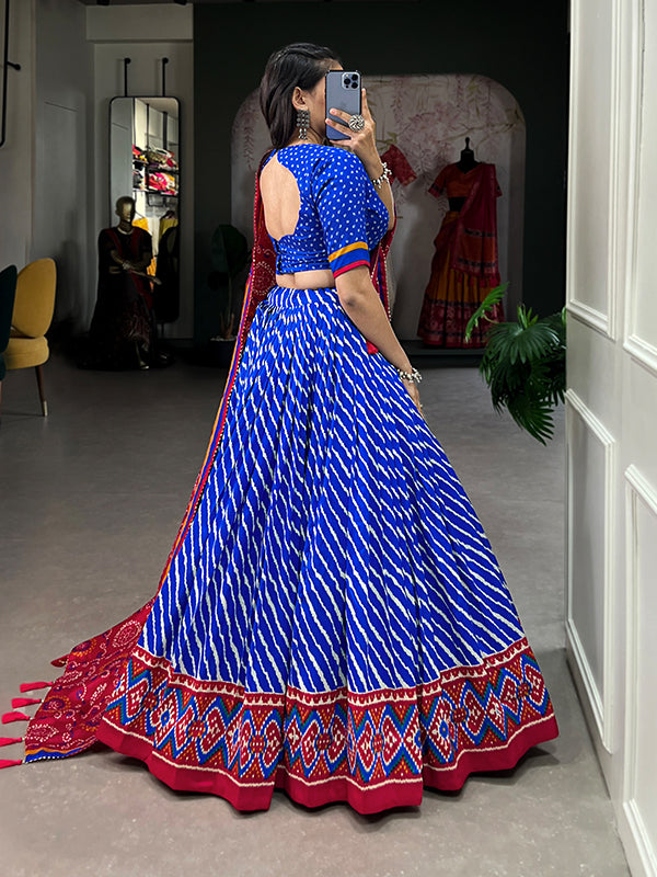 Royal Blue Tussar Silk With Leheriya Patola Print Lehenga Choli With Dupatta