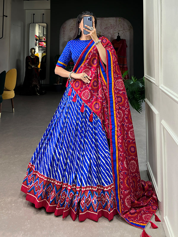 Royal Blue Tussar Silk With Leheriya Patola Print Lehenga Choli With Dupatta