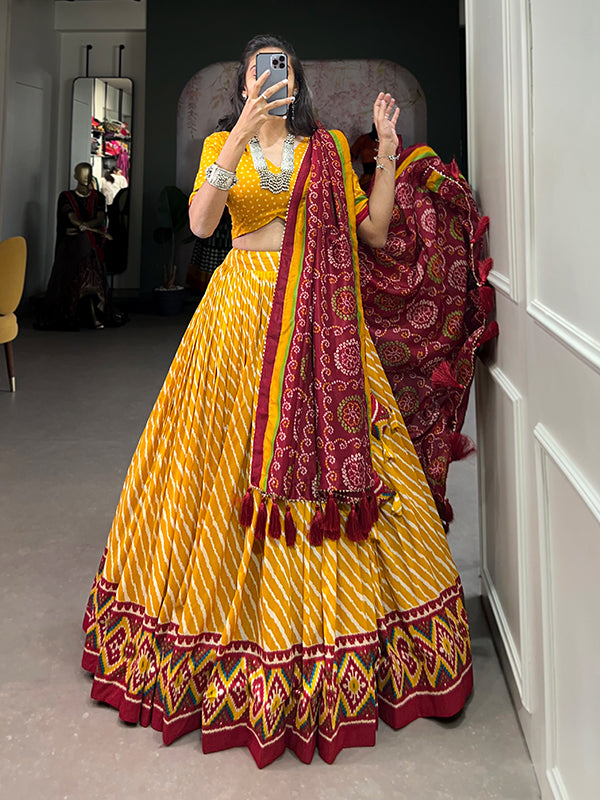 Yellow Tussar Silk With Leheriya Patola Print Lehenga Choli With Dupatta