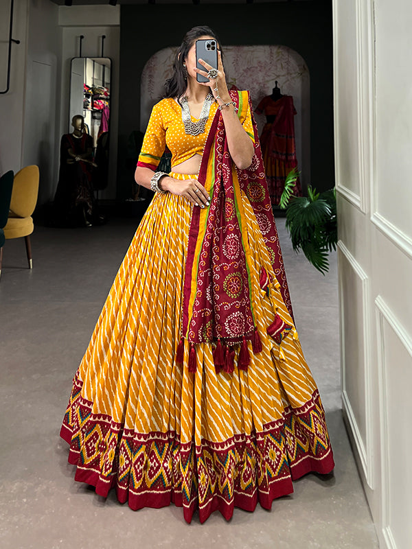 Yellow Tussar Silk With Leheriya Patola Print Lehenga Choli With Dupatta