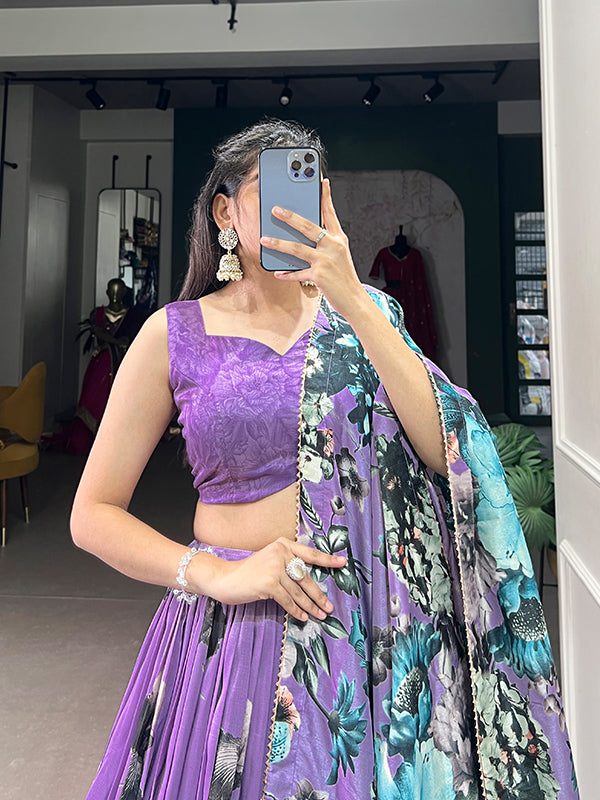 Lavender Tussar Silk With Foil Print Lehenga Choli With Dupatta