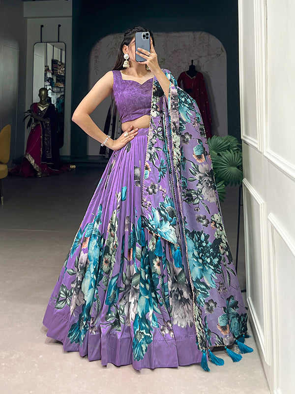 Lavender Tussar Silk With Foil Print Lehenga Choli With Dupatta