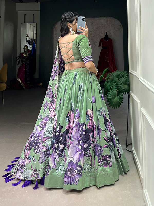 Pista Tussar Silk With Foil Print Lehenga Choli With Dupatta